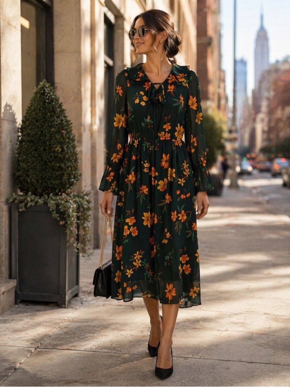 CALVIN KLEIN Women's Dark Green Floral Long Sleeve Ruffle Neck Midi Dress 16